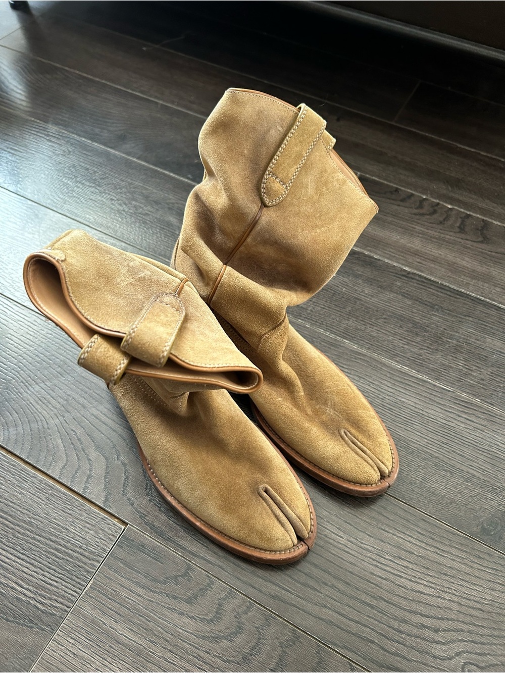 Maison Martin Margiela Tabi Split-Toe Suede Ankle Boots in Camel 36